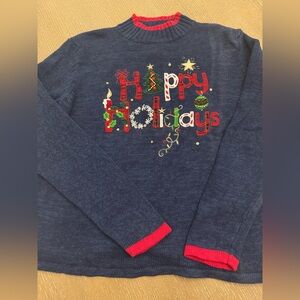 Navy Holiday Sweater with Red Trim